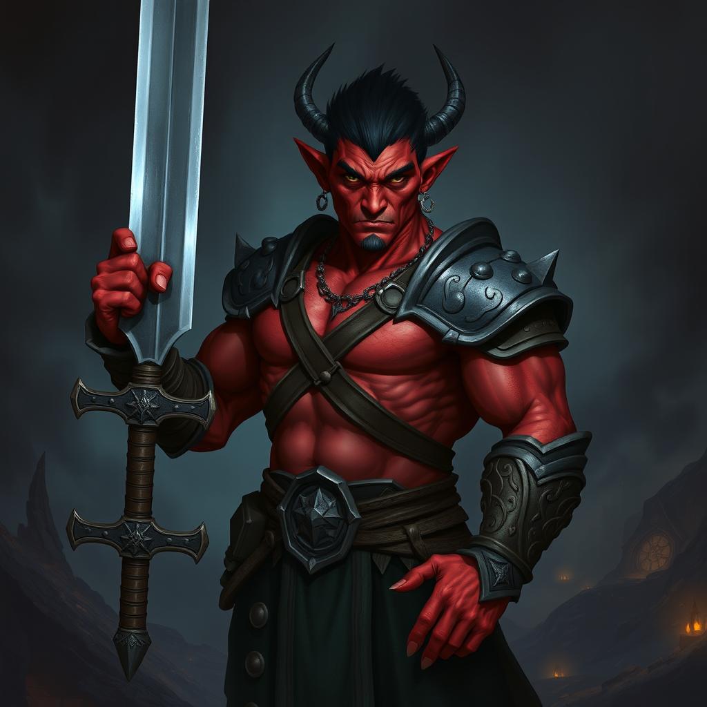 A buffed male tiefling standing confidently while holding a greatsword in one hand