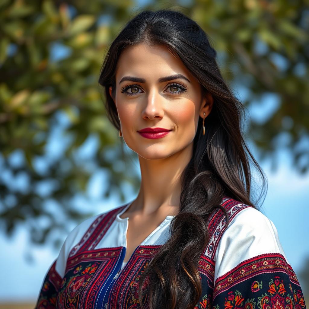 A portrait of a Slavic woman in her mid-30s, showcasing her strong features and captivating expression