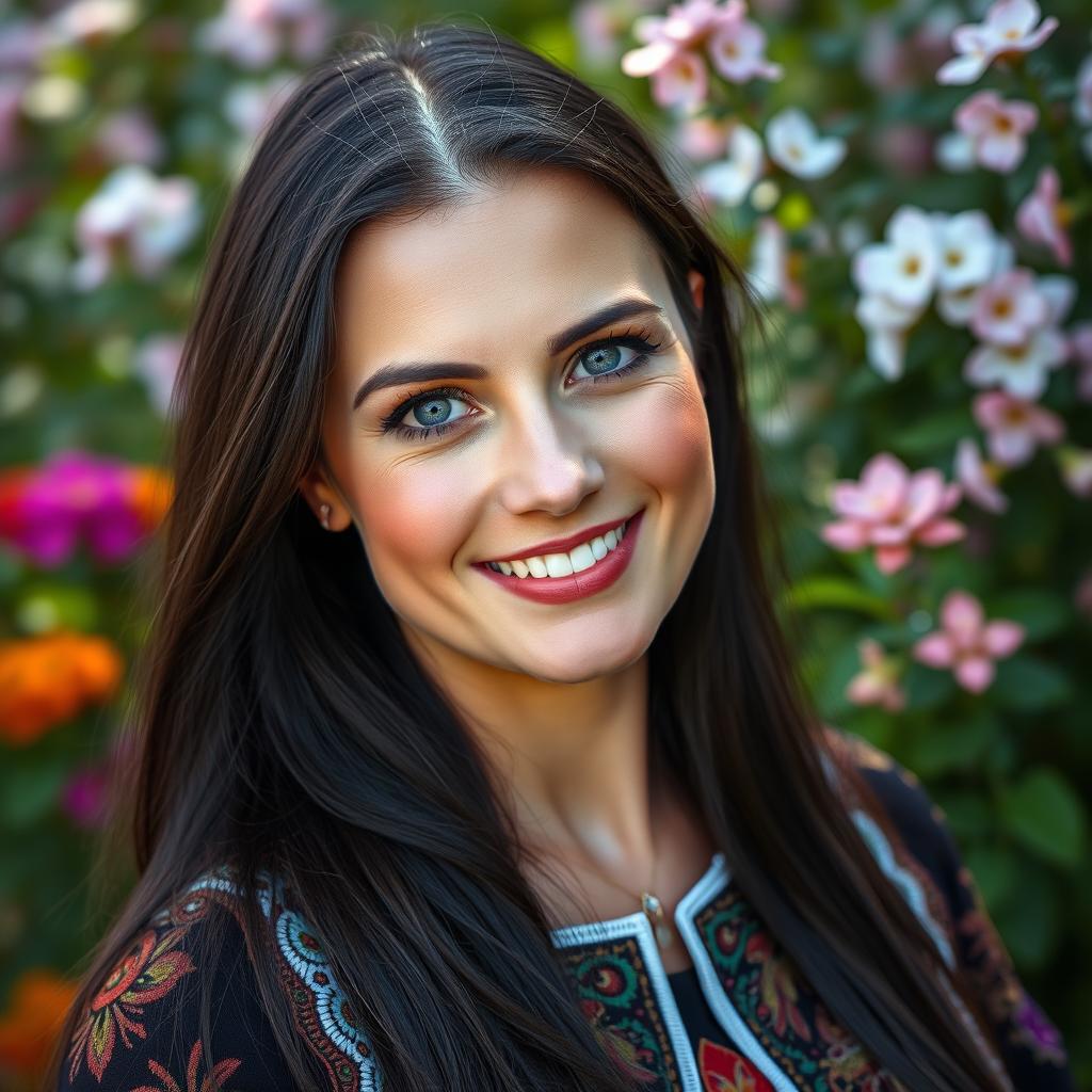 A portrait of a graceful Slavic woman in her mid-30s, showcasing her striking features and elegant demeanor