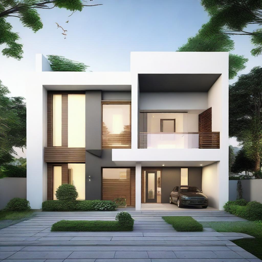 A sleek, modern house design for a 22 by 68 plot, showcasing three bedrooms, one living room, and a small temple room.