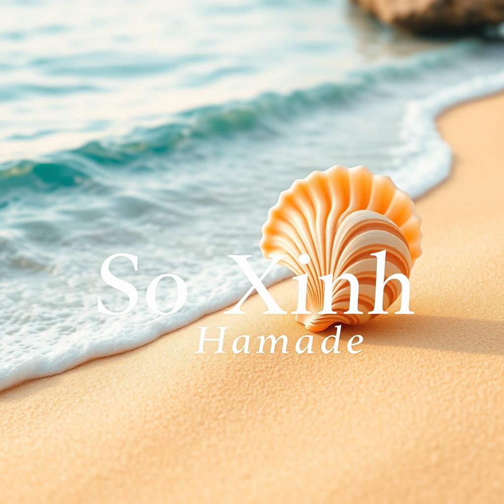 A beautiful logo design featuring a detailed seashell, soft golden sand, and gentle waves of the sea in the background