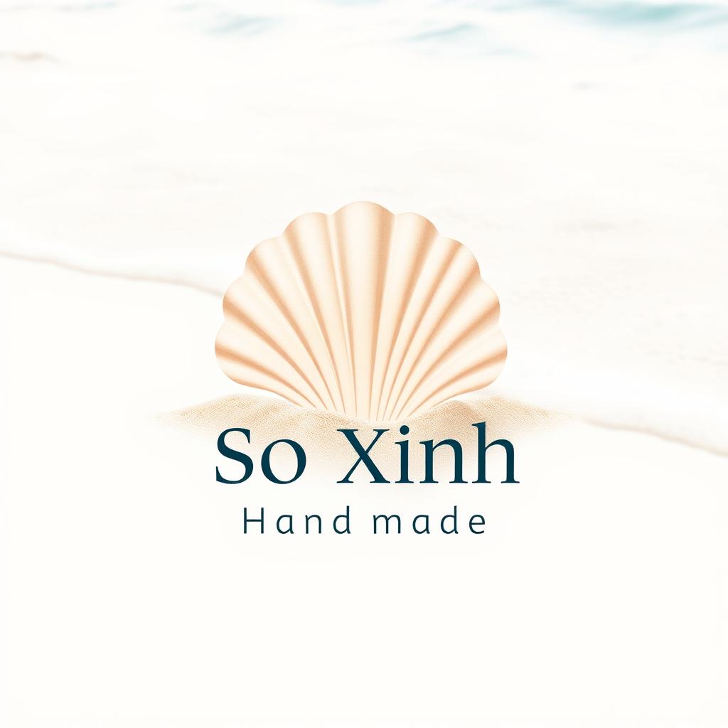 A logo design featuring a beautiful sea shell, soft sand, and gentle waves of the sea