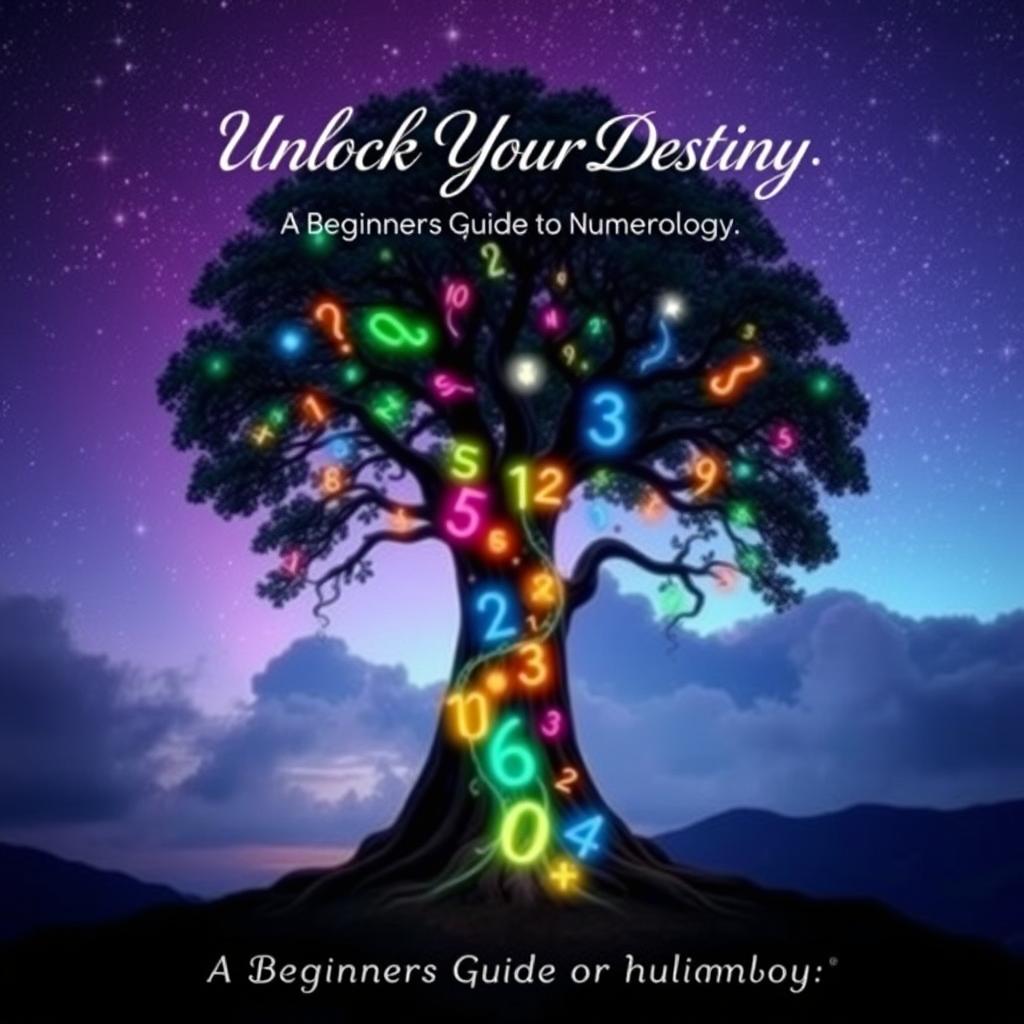 An enchanting e-book cover design featuring a majestic tree whose trunk and branches are adorned with colorful, flowing numbers symbolizing the principles of numerology