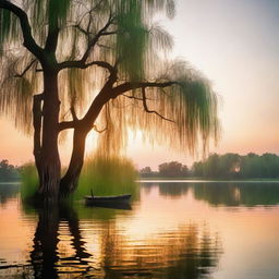 An idyllic summer lake scene with pastel sunset colors reflecting on calm water, a silhouette of a canoe floating by and a majestic willow tree hovering over the serene water.