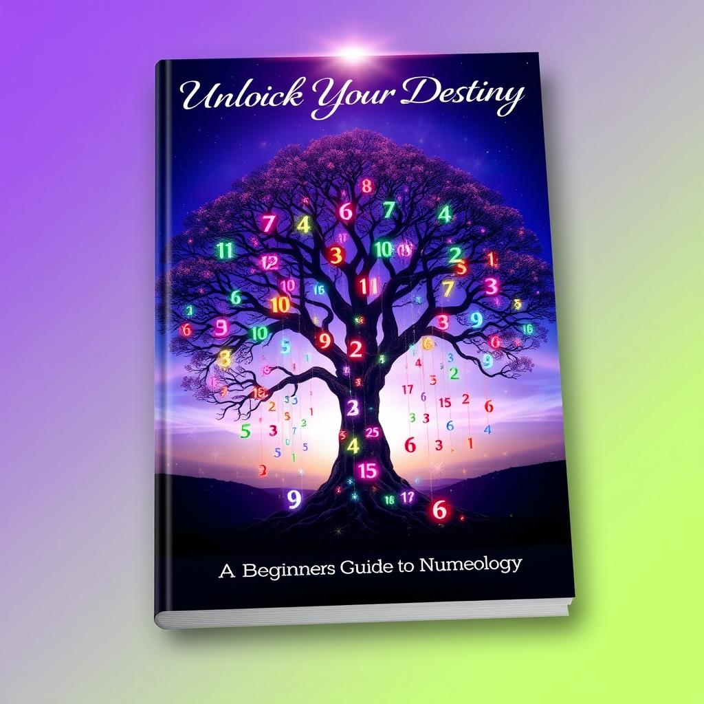 A visually stunning e-book cover depicting a majestic tree with its branches and trunk artistically integrated with colorful numbers cascading down like leaves, representing the concept of numerology