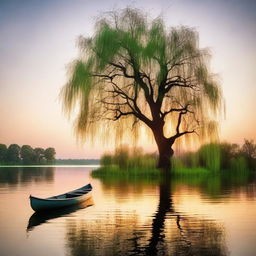 An idyllic summer lake scene with pastel sunset colors reflecting on calm water, a silhouette of a canoe floating by and a majestic willow tree hovering over the serene water.