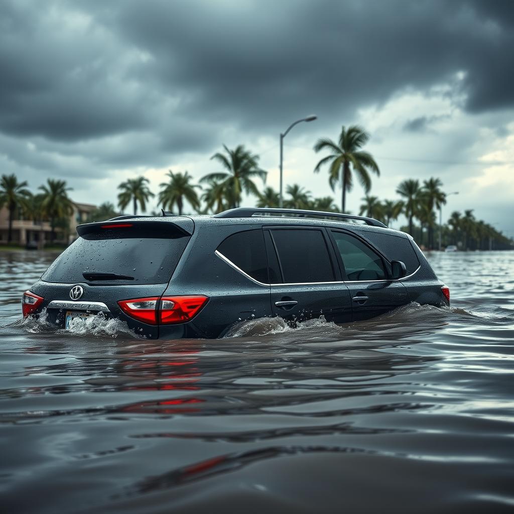 A car partially submerged in a flood, with water levels reaching the windows