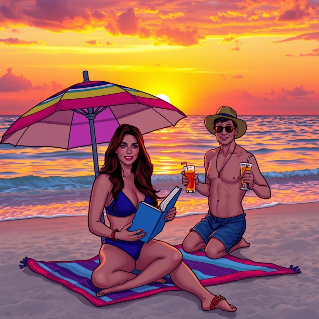 A vibrant scene depicting a beautiful sunset over a serene beach with gentle waves lapping against the shore