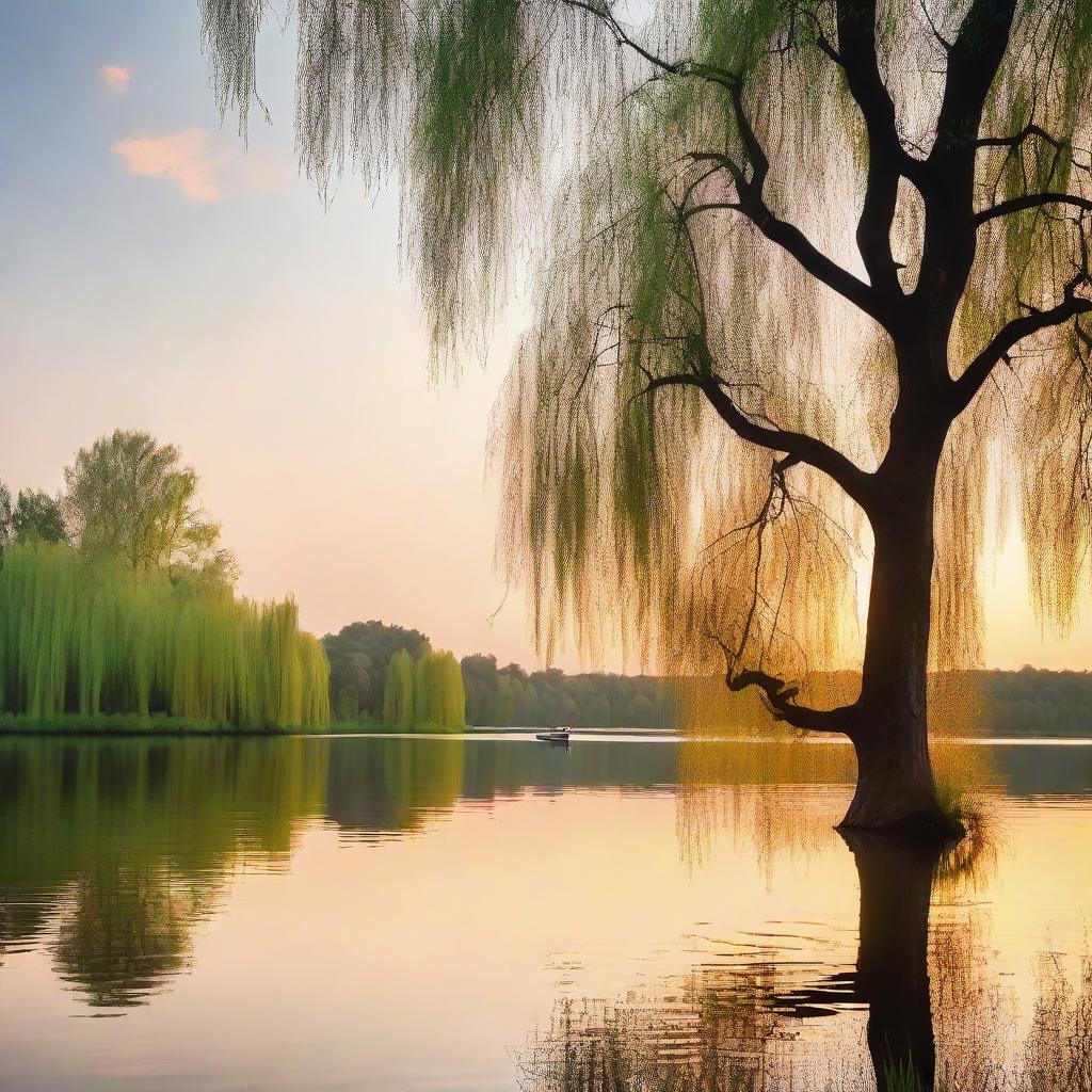 An idyllic summer lake scene with pastel sunset colors reflecting on calm water, a silhouette of a canoe floating by and a majestic willow tree hovering over the serene water.