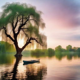 An idyllic summer lake scene with pastel sunset colors reflecting on calm water, a silhouette of a canoe floating by and a majestic willow tree hovering over the serene water.