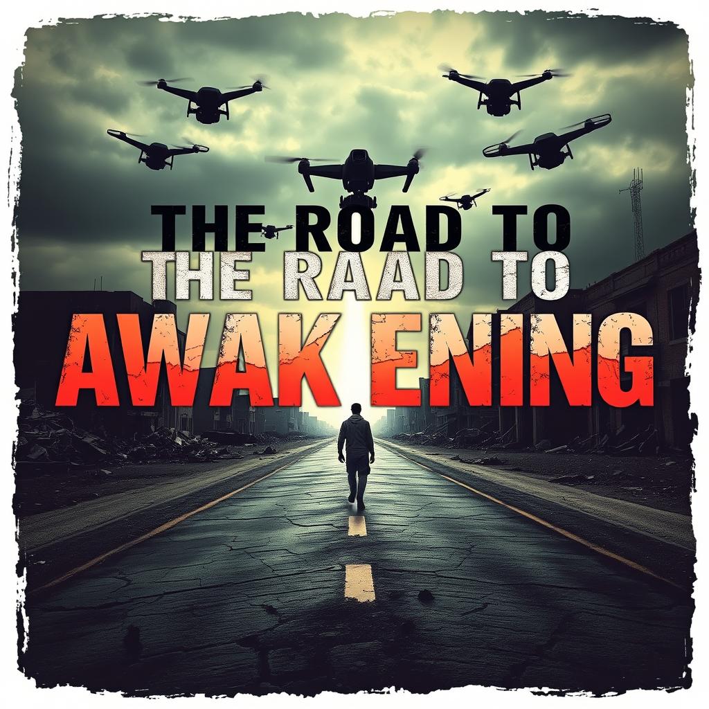 A dystopian landscape featuring the title 'The Road to Awakening' prominently displayed in bold, distressed typography