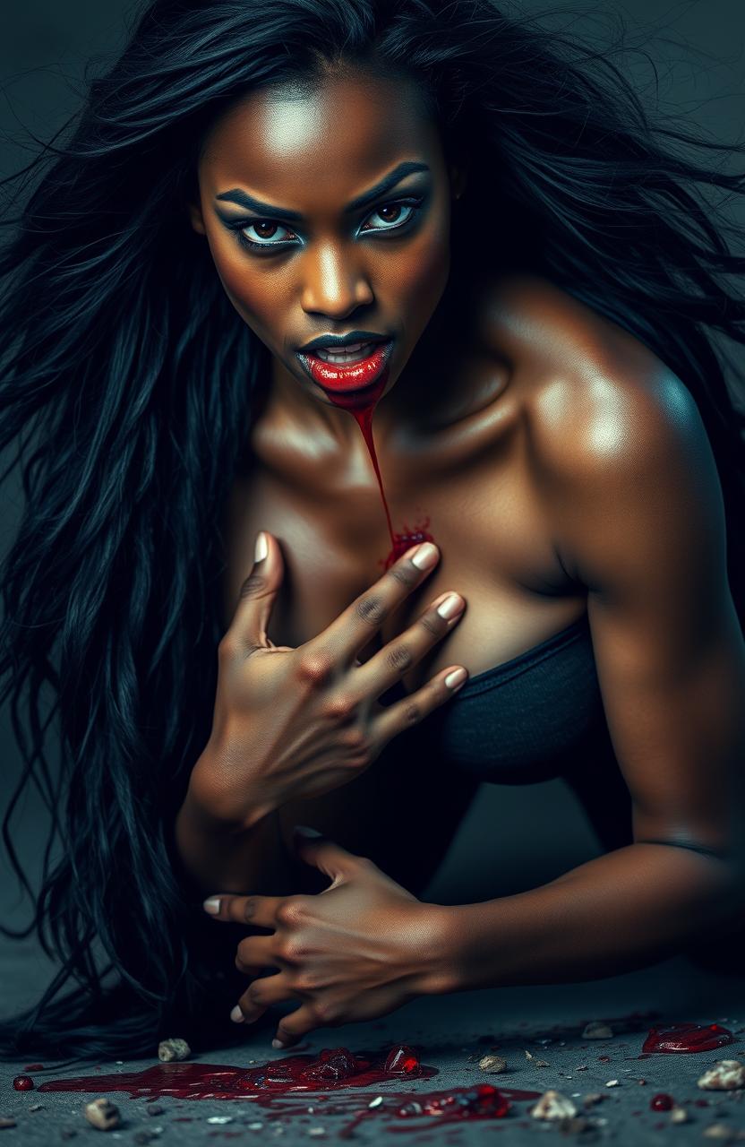 A strikingly beautiful black woman, with a fierce and powerful presence, kneeling on the ground