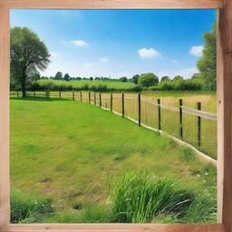 A 12 square feet plot of land, lush with vibrant, green grass and bordered with a rustic fence, under a clear blue sky.