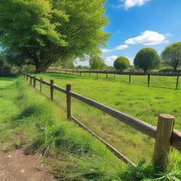 A 12 square feet plot of land, lush with vibrant, green grass and bordered with a rustic fence, under a clear blue sky.