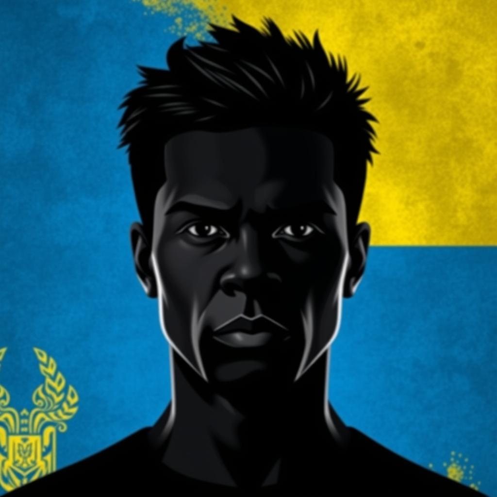 A striking avatar for a Ukrainian Telegram channel featuring an faceless Black person at the center, exuding a serious and contemplative demeanor