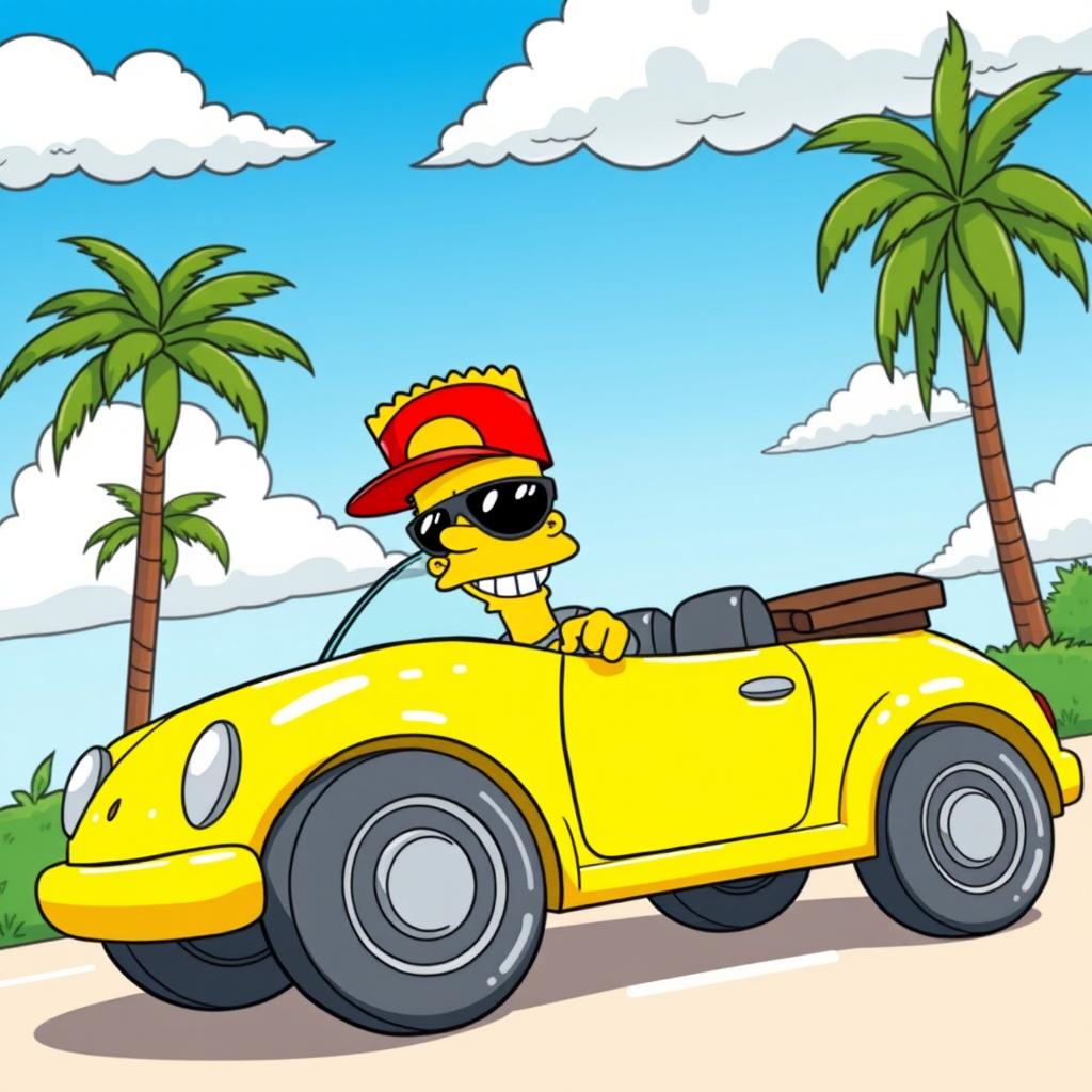 A cartoon-style illustration of Bart Simpson driving a bright yellow convertible car on a sunny day