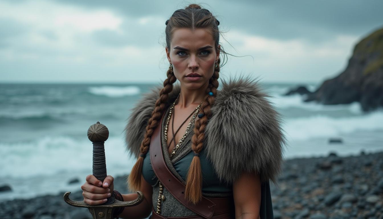 A fierce Viking woman standing boldly on the rocky shore, wearing a traditional Viking outfit made of leather and fur, complete with a detailed sword at her side