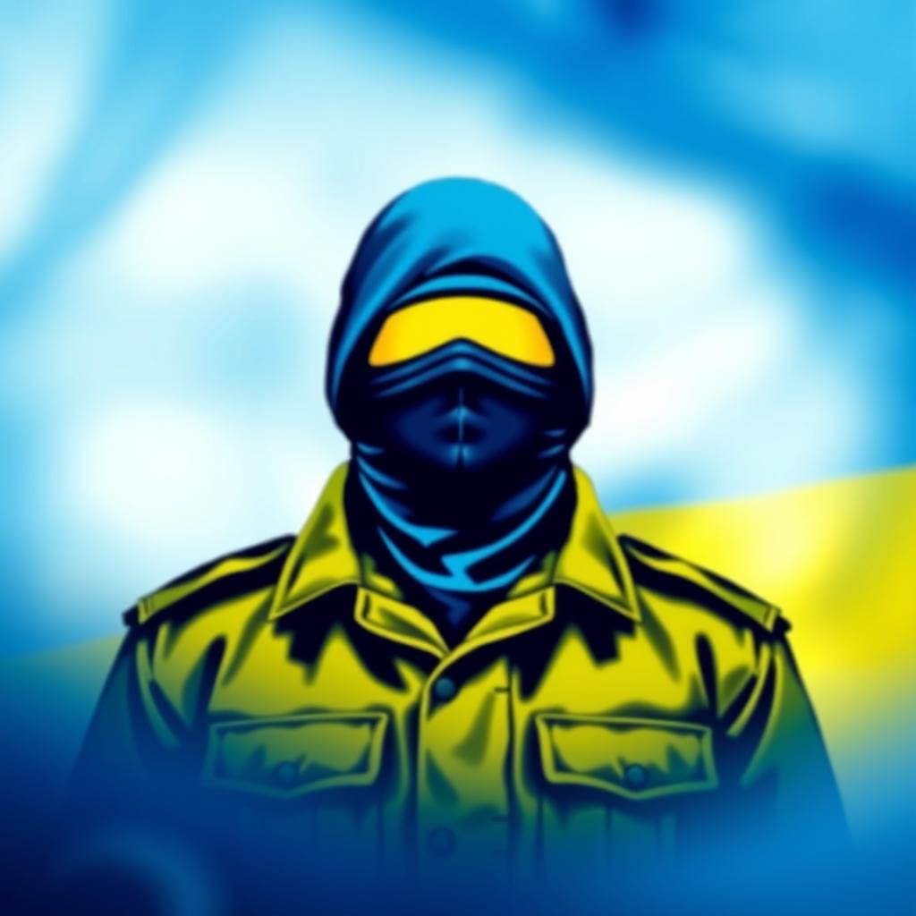 An avatar for a Ukrainian Telegram channel focused on news, featuring a faceless military person in the center, symbolizing strength and neutrality