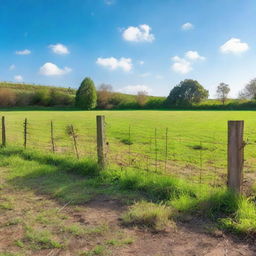 A 12 square feet plot of land, lush with vibrant, green grass and bordered with a rustic fence, under a clear blue sky.