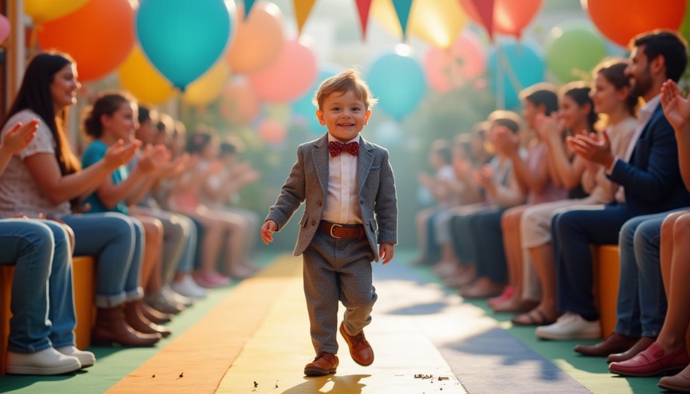 A whimsical scene featuring a 3-year-old boy confidently walking on a colorful catwalk, surrounded by vibrant decorations and playful designs