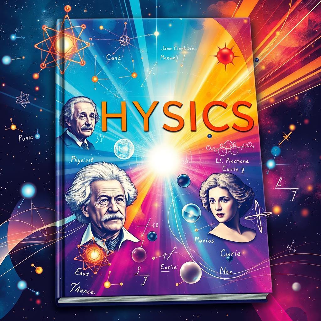 A visually captivating and modern 6X9 book cover featuring abstract cosmic imagery that includes elements like atoms, stars, and light waves in the background, along with equations representing physics and scientific discoveries