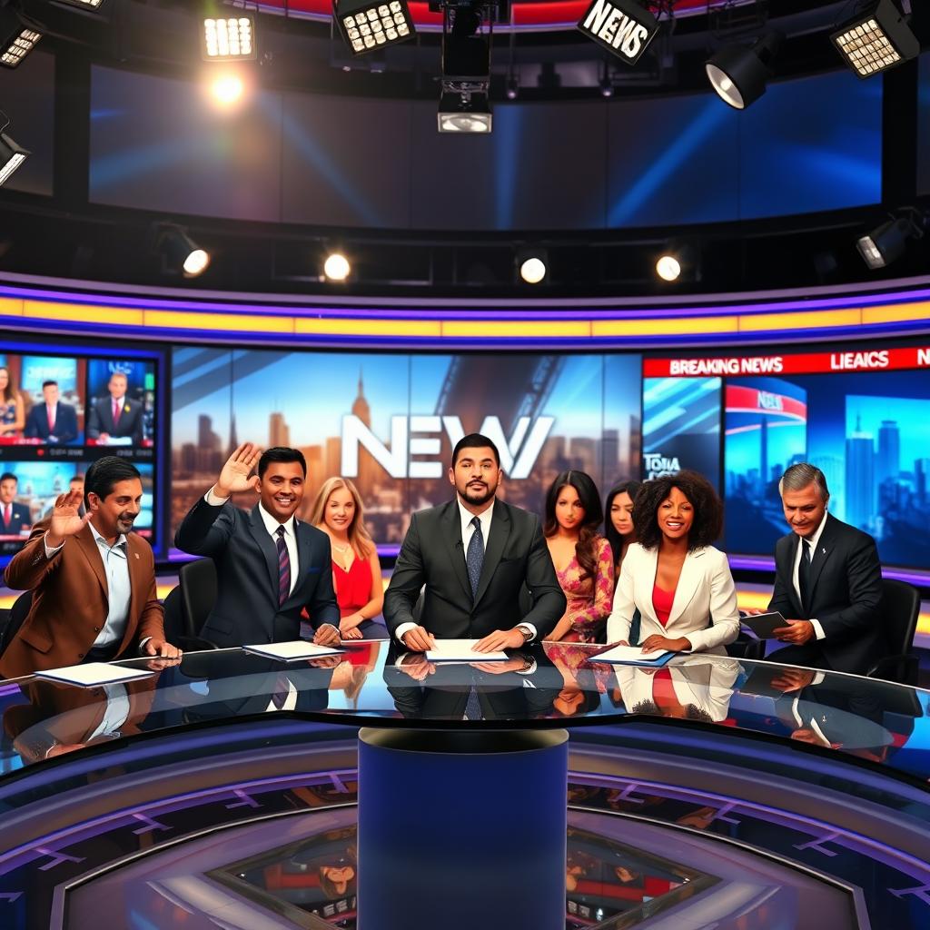 A vibrant newsroom with diverse news anchors passionately delivering breaking news with excitement