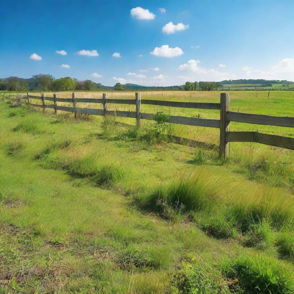 A 12 square feet plot of land, lush with vibrant, green grass and bordered with a rustic fence, under a clear blue sky.