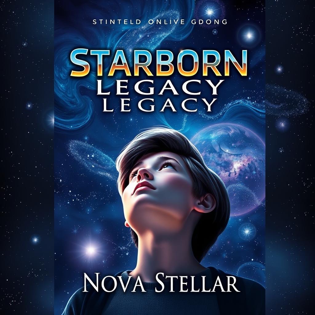 A captivating and mystical book cover for 'Starborn Legacy' by Nova Stellar, featuring a teenage character gazing up at a star-filled night sky