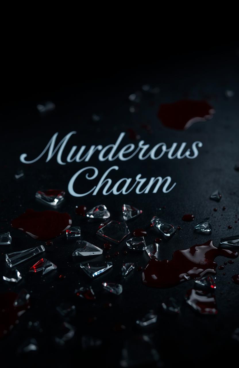 A dramatic and dark composition featuring shattered glass scattered across the ground, with real blood stains vividly contrasting against a dark surface
