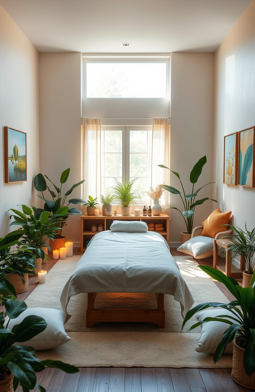 A peaceful and serene healing environment, showcasing a tranquil room filled with soft, warm light