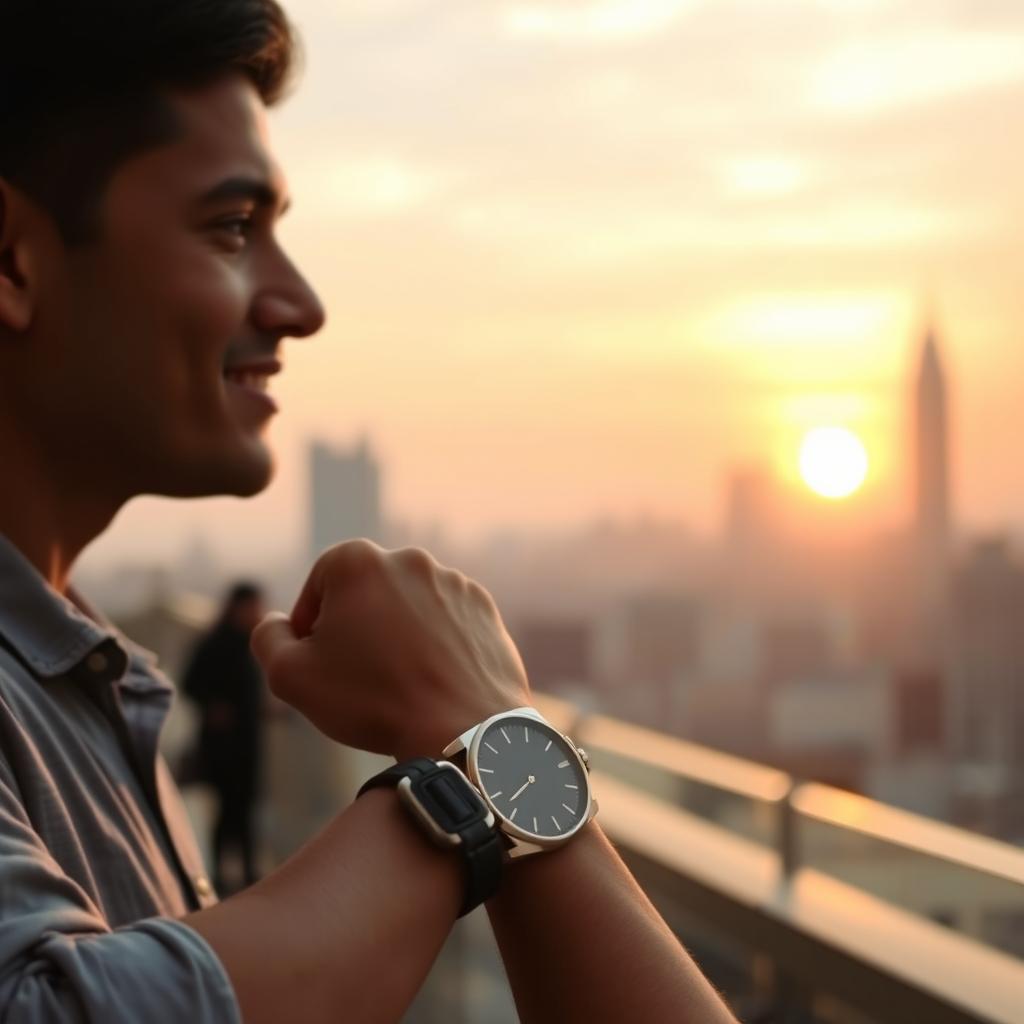 A portrait of a single person wearing a stylish watch, showcasing their wrist prominently