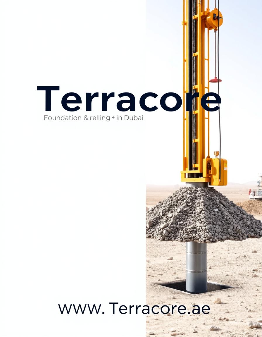 A clear and modern front cover design for an A4 booklet featuring a contemporary image that represents foundation drilling or pile installation work in Dubai