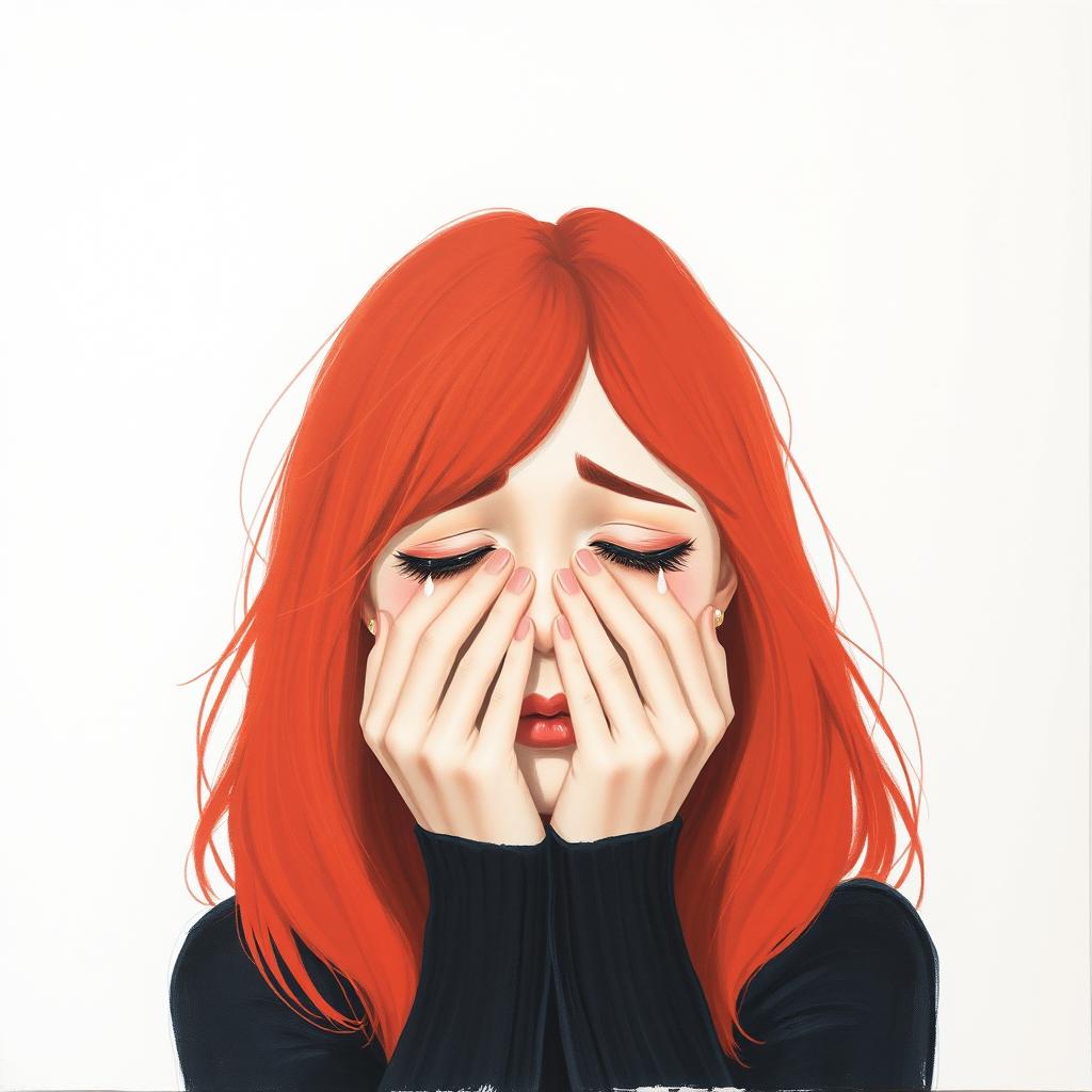 A minimalist and very simple painting of a red-haired woman crying, covering her face with her hands