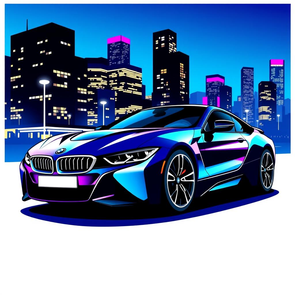 A captivating BMW vector graphic featuring a sleek, modern design of a BMW sports car in vibrant colors against an urban cityscape backdrop