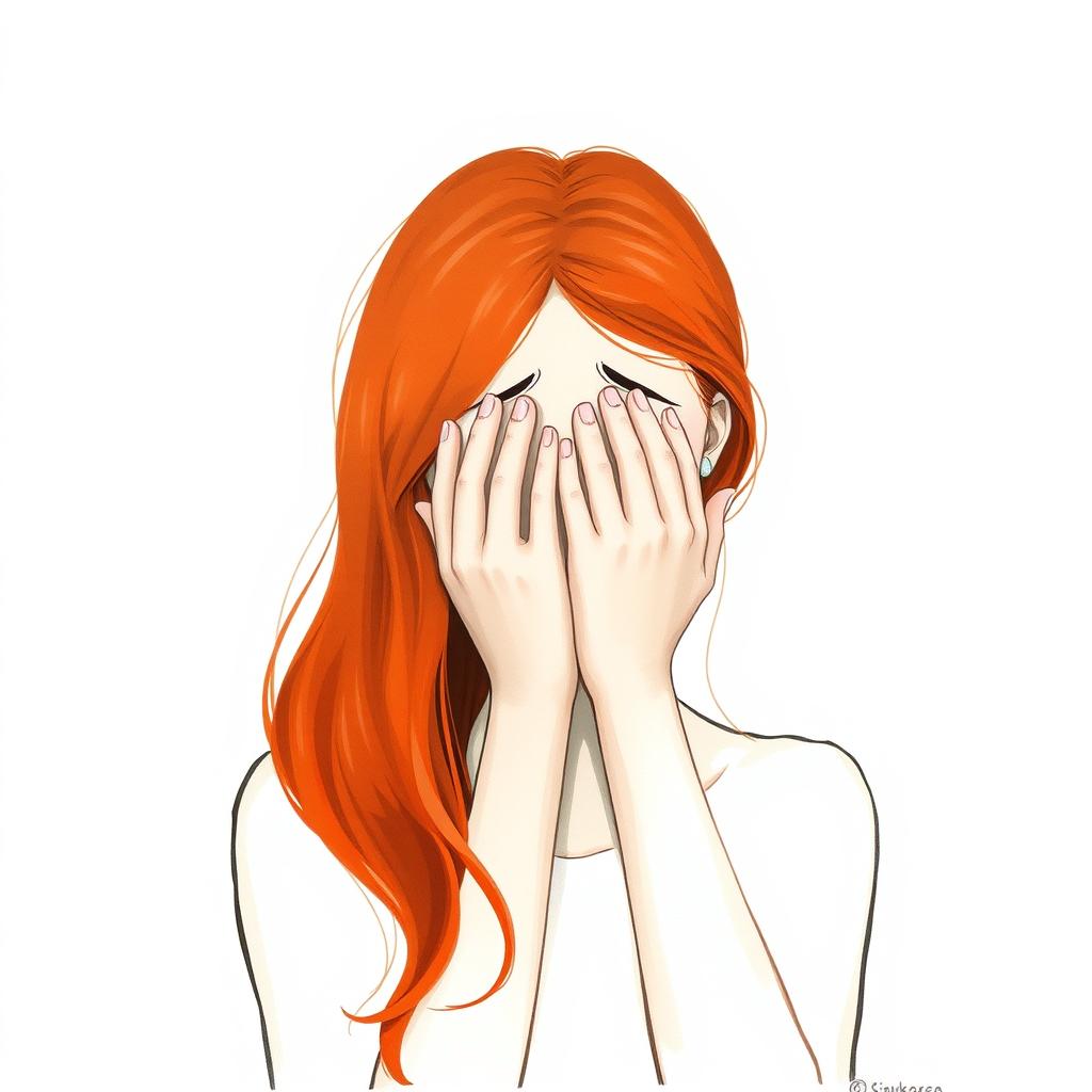 A minimalist and very simple painting depicting a red-haired woman crying while covering her faceless with her hands