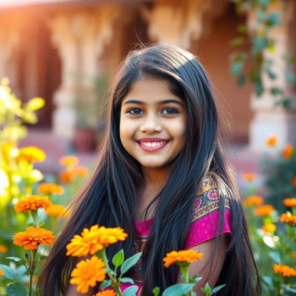 A portrait of a young girl from India with long flowing black hair, wearing a colorful traditional dress, smiling cheerfully amidst a lush green garden