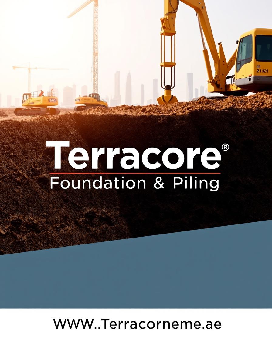 A very clear front cover image design for an A4-sized brochure featuring a recent and striking image that illustrates foundation excavation or pile installation work in Dubai