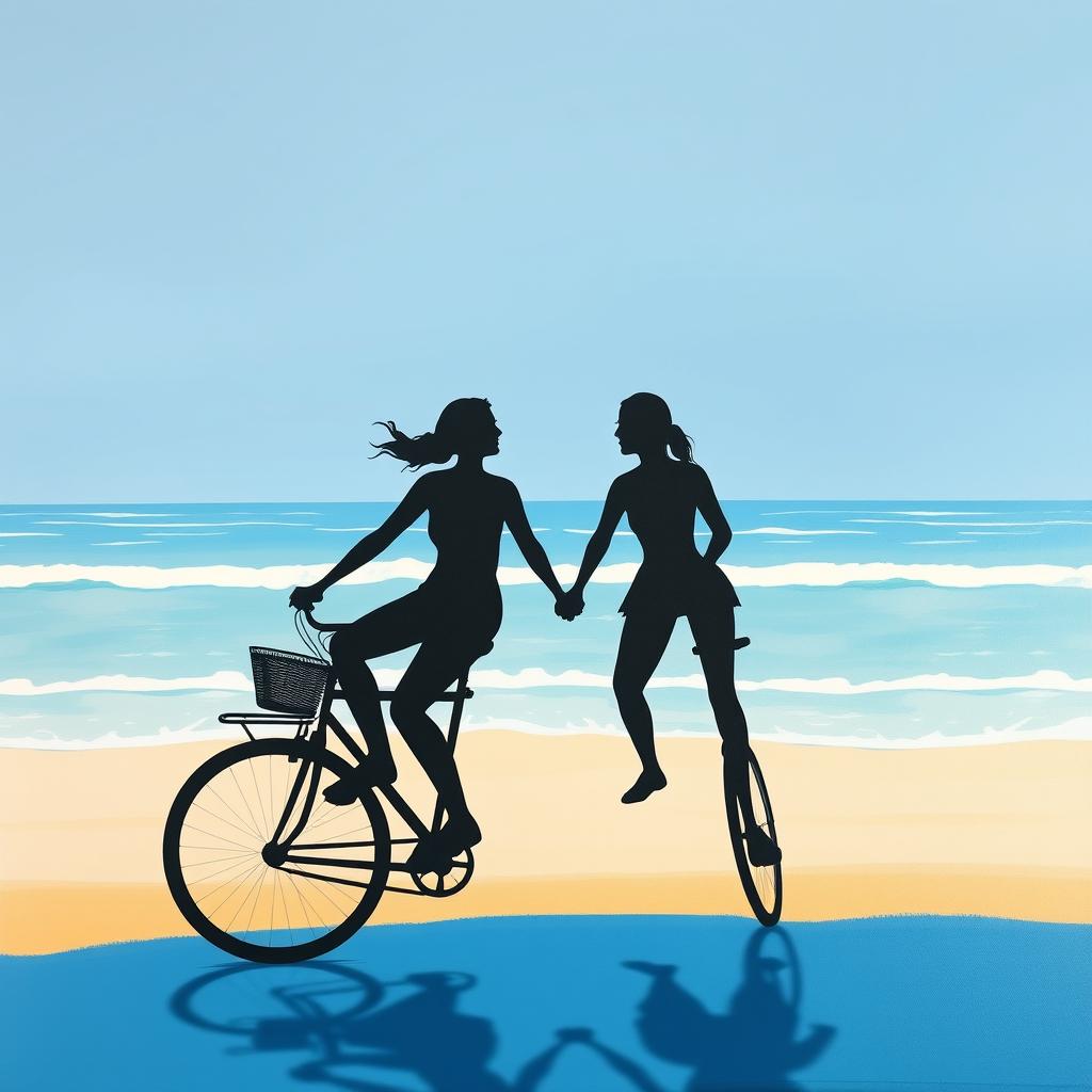 A minimalist and simple painting showcasing a couple biking together along a serene seaside