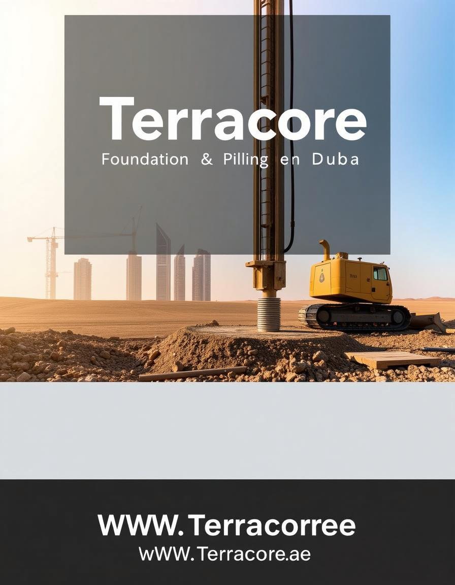 A clear and modern front cover design for an A4-sized brochure, featuring a recent image showcasing foundation excavation or pile installation work in Dubai