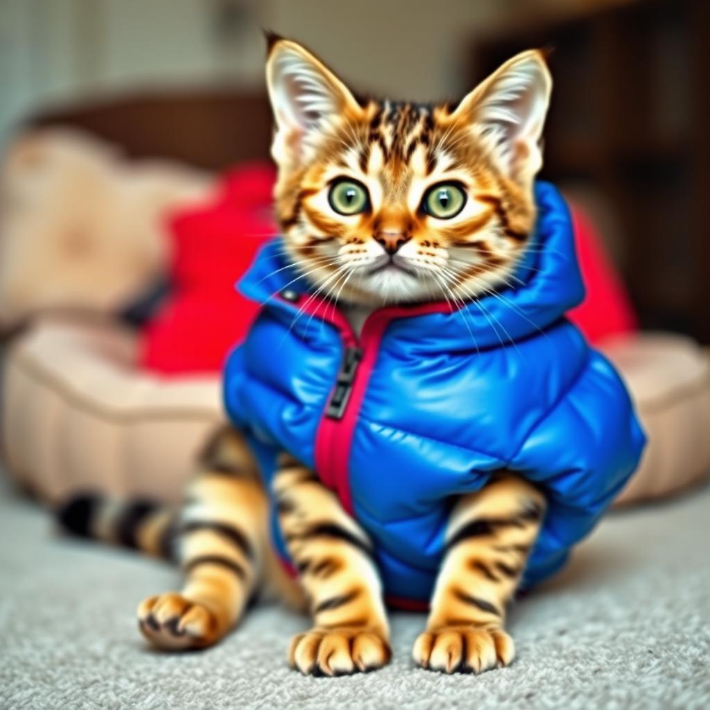 A cute tabby brown cat with distinctive stripes, sitting comfortably while wearing a stylish puffer jacket