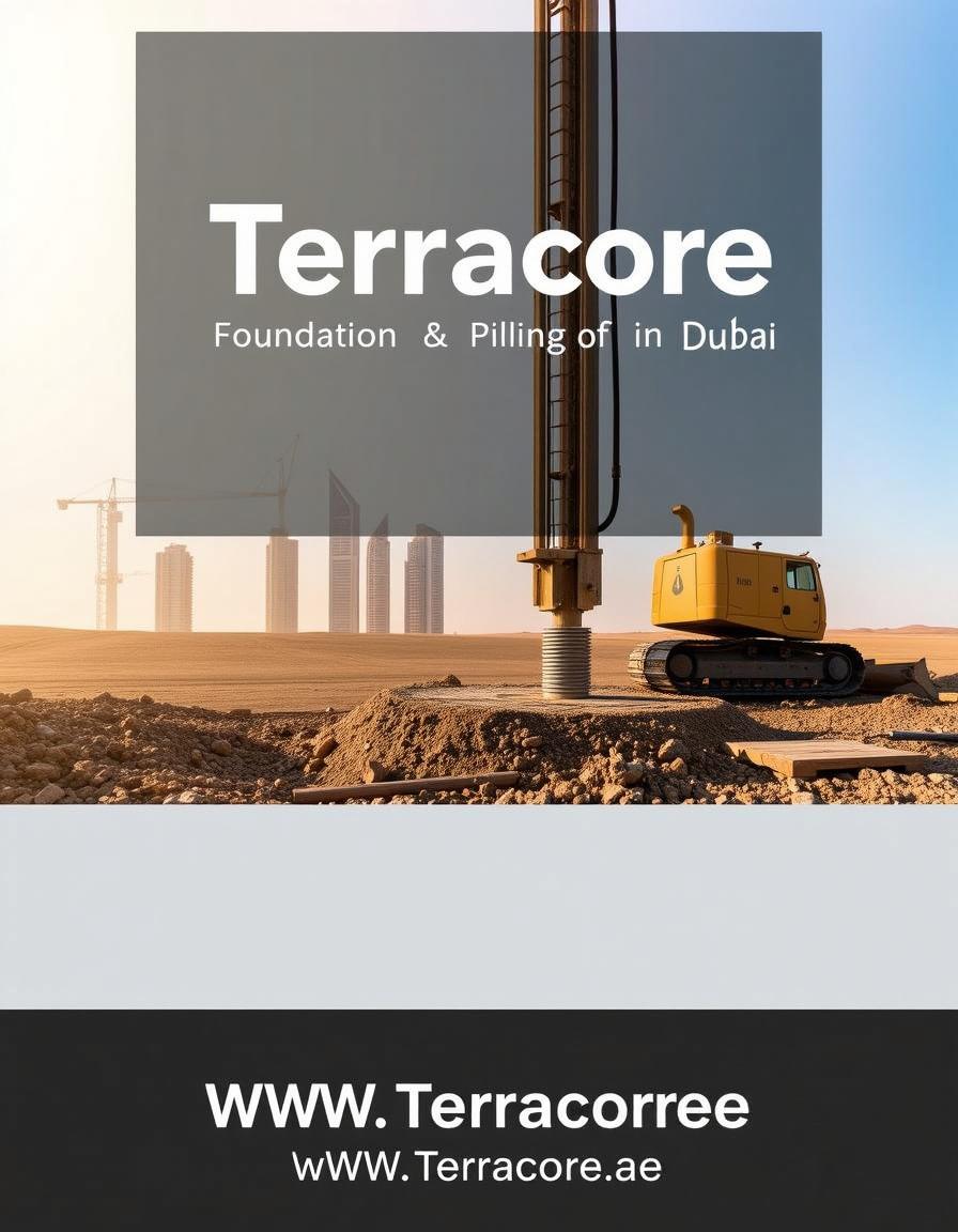 A very clear front cover design for an A4-sized brochure featuring a recent image that vividly depicts foundation excavation or pile installation work in Dubai