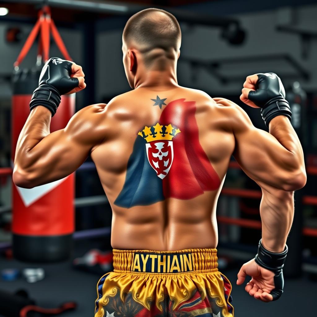 A powerful and determined Muay Thai fighter in an action pose, showcasing strong muscles and an intense expression, adorned with shorts featuring traditional Thai design
