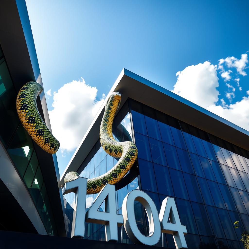 A striking scene featuring a large, vibrant snake gracefully slithering over a modern building facade