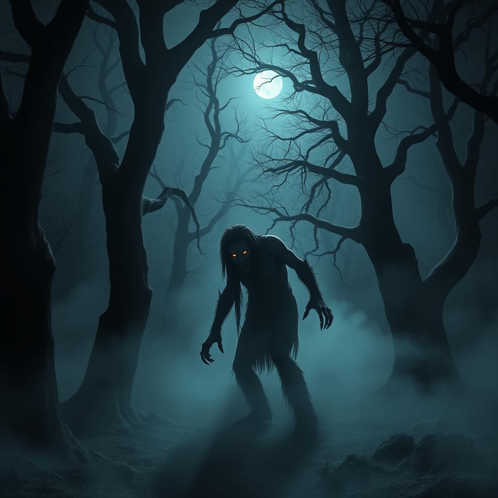 A chilling scene set in a dense, fog-laden forest at night, showcasing a menacing skinwalker lurking among the trees