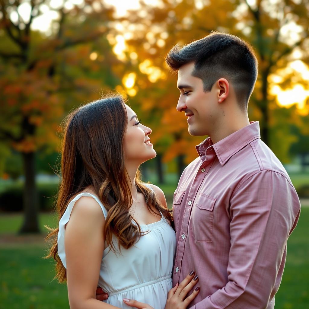 A romantic couple gazing at each other lovingly, set in a picturesque outdoor park during sunset