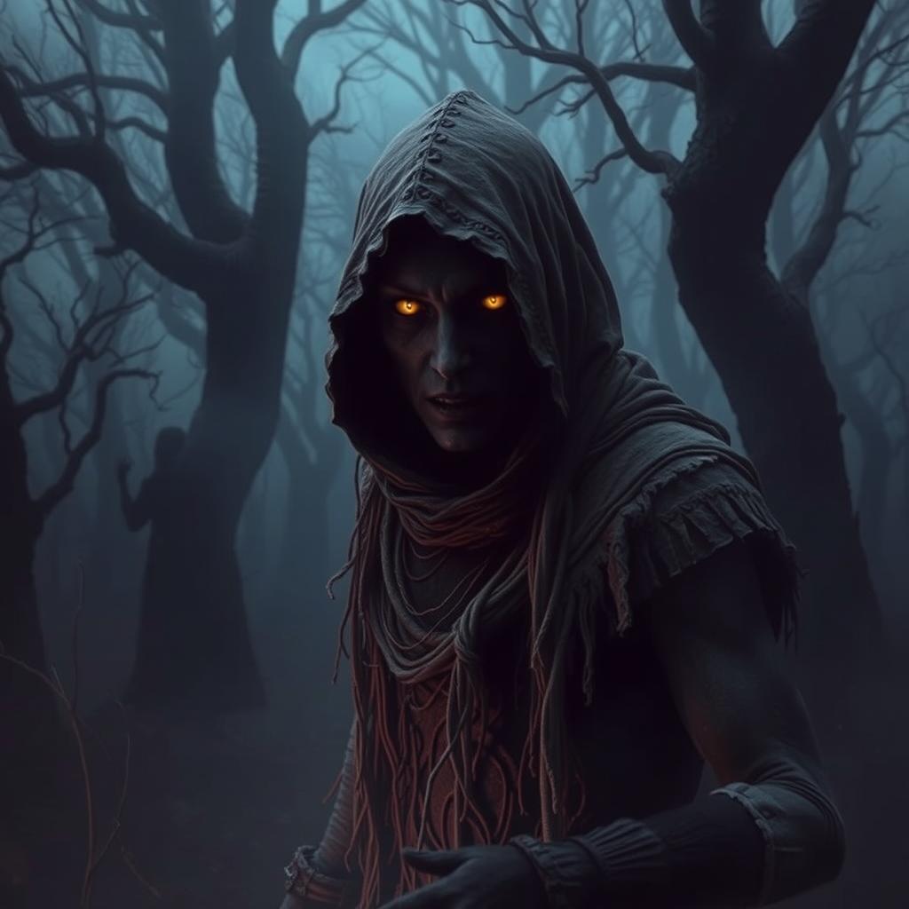 A chilling scene depicting a skinwalker in an eerie, fog-drenched forest