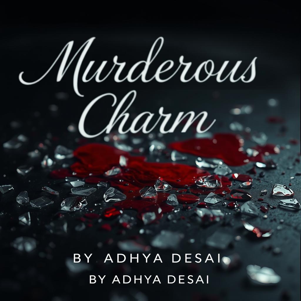 A dramatic and dark composition featuring shattered glass scattered across the ground, with real blood stains vividly contrasting against a dark surface