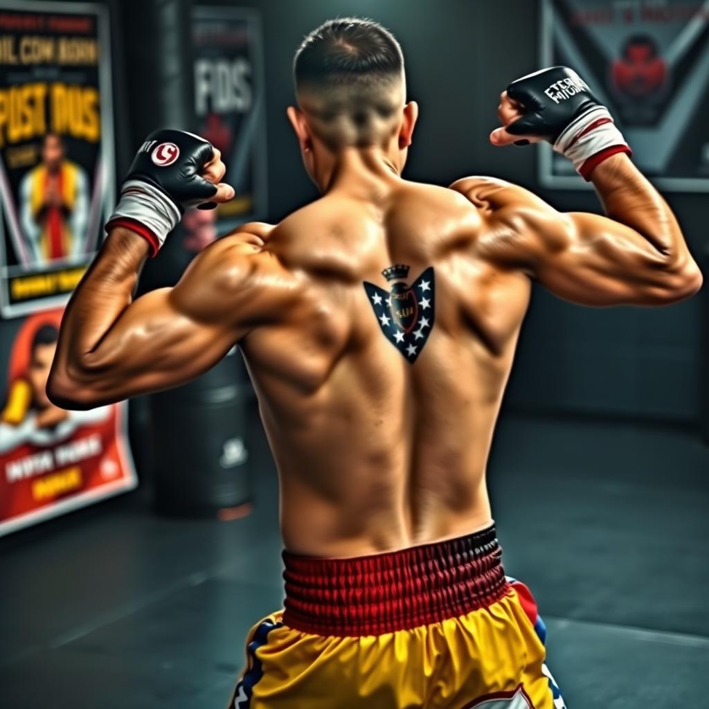A powerful Muay Thai fighter in an intense action pose, showcasing strength and technique