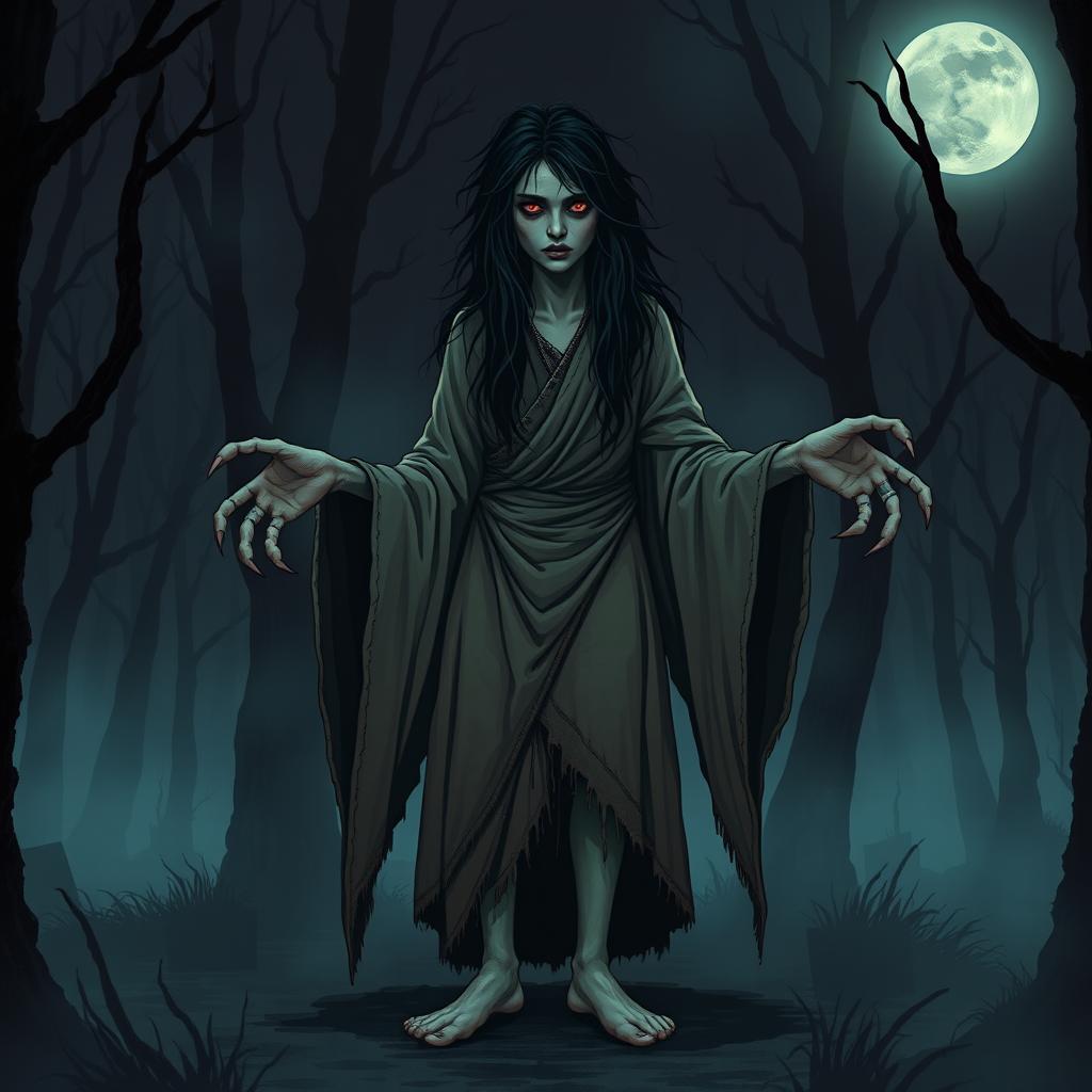 A horror-themed illustration of a sinister Pakistani witch standing in a dark, eerie forest