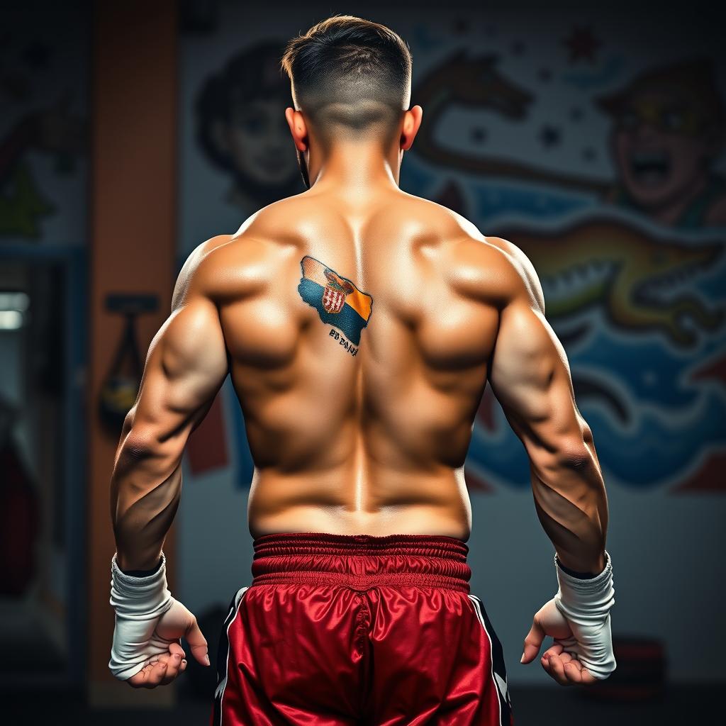 An ultimate Muay Thai fighter showcasing impressive athleticism and skill, standing in a powerful stance in a stylized gym environment